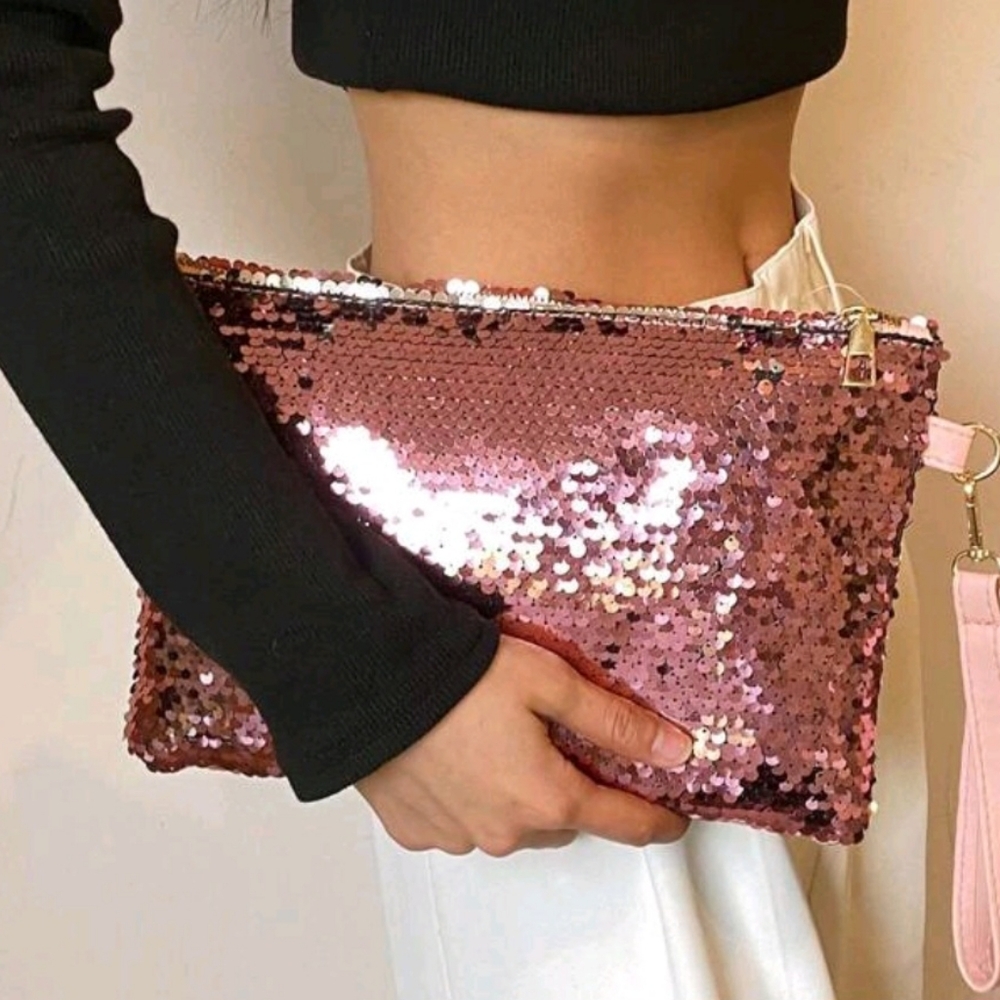 Sequin Wristlet Cosmetic Bag in Rose Pink